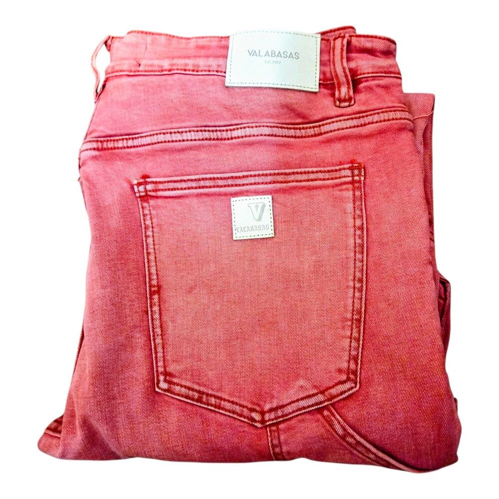 Valabasas Mens Size 38 Red Pink Acid Wash Distressed Raw Hem Stacked Flare Jeans